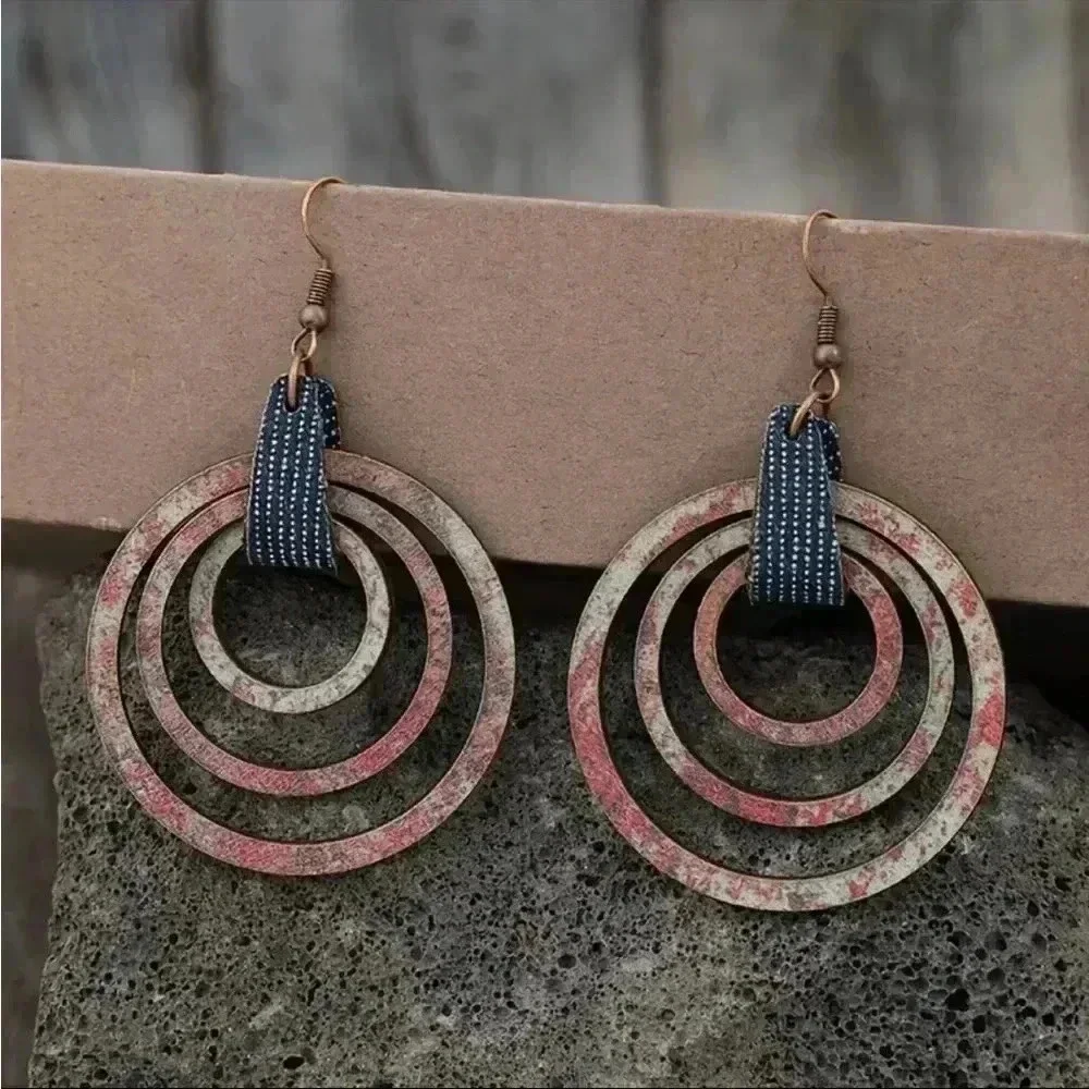 Boho-Chic Colorful Wooden Hollow Circle Dangle Earrings w/Faux Leather Accents